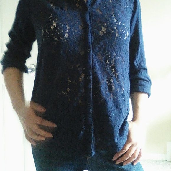 Hollister Navy Front Lace Button up Top - Picture 8 of 10